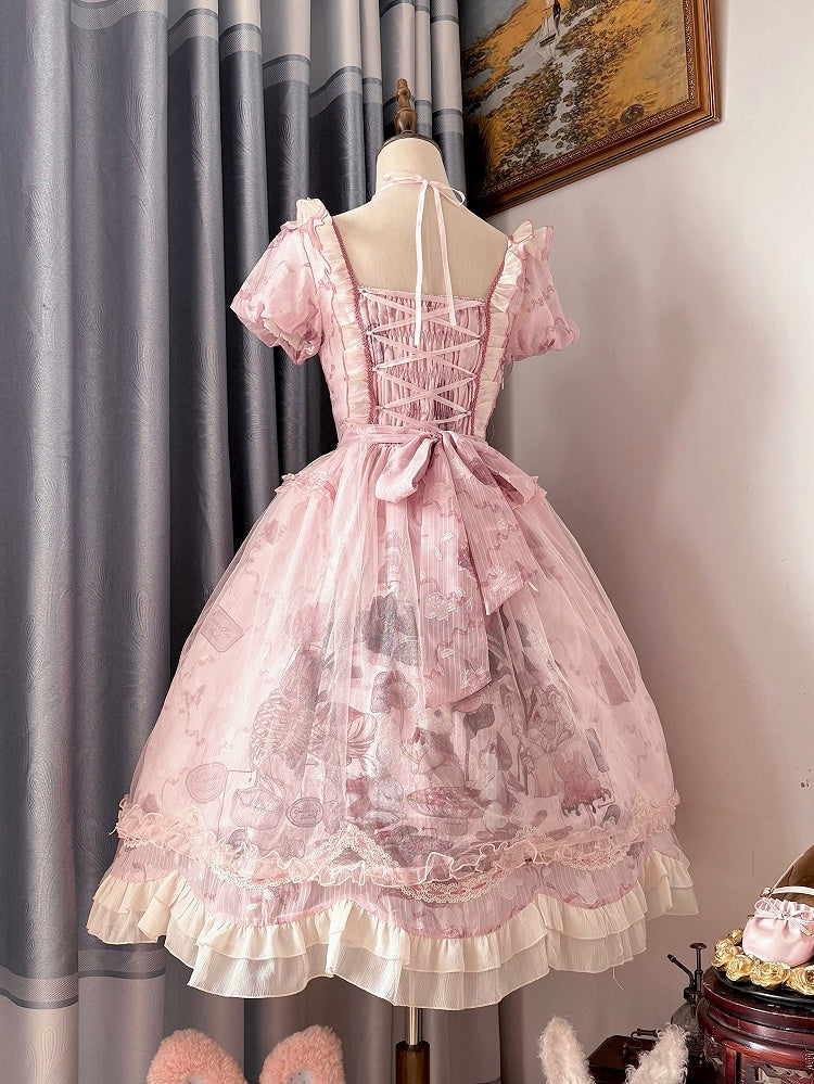 Waist Scalloped Pink Trim Bunny Edge Princess Dress Skirt Lolita Print Ruffle Basque