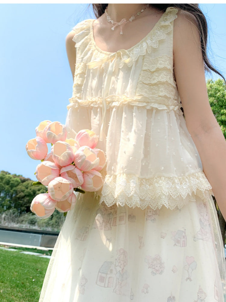 Self-tie Tank Top Bow Lace Trim Elegant with Beige Tiered