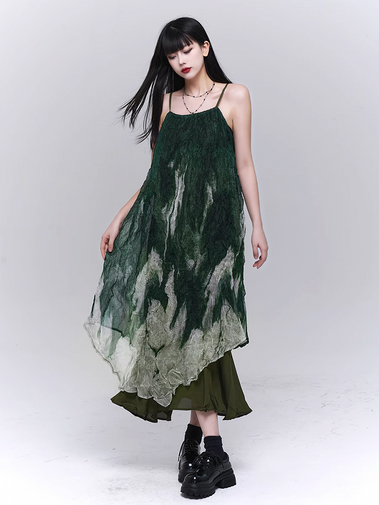 Robe à bretelles spaghetti à volants et ourlet asymétrique vert dégradé