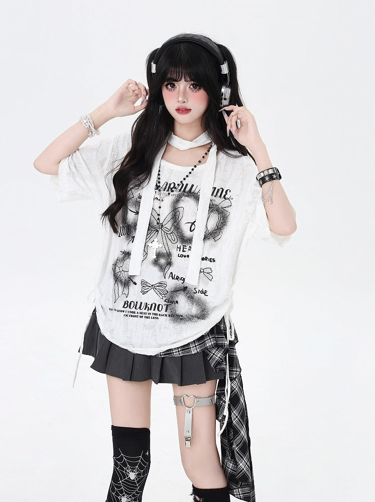 Black/White Drawstring Side Bowknots Print T-Shirt with Free Scarf
