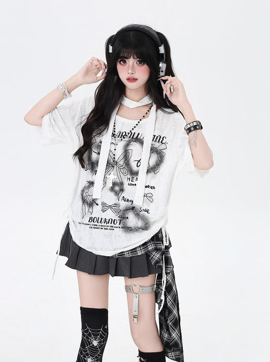 Black/White Drawstring Side Bowknots Print T-Shirt with Free Scarf