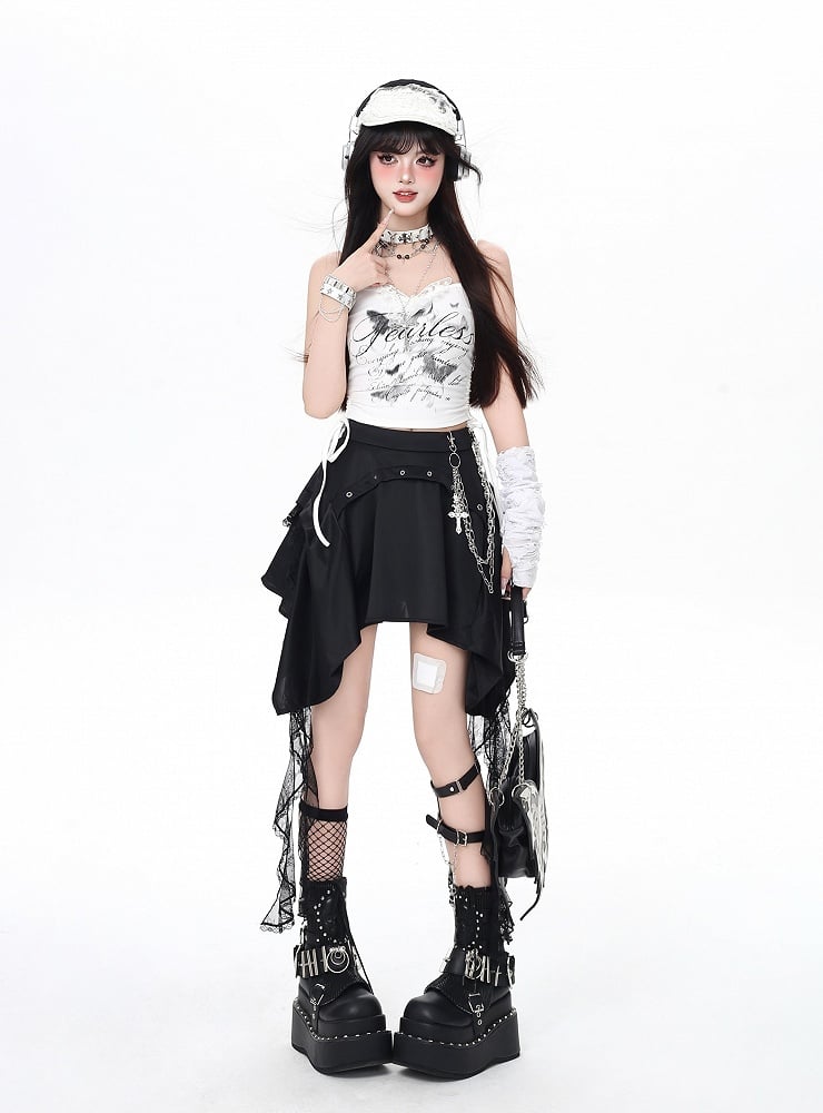 Punk Rock Skirt with Cascading Lace Ruffles and Handkerchief Hem Black