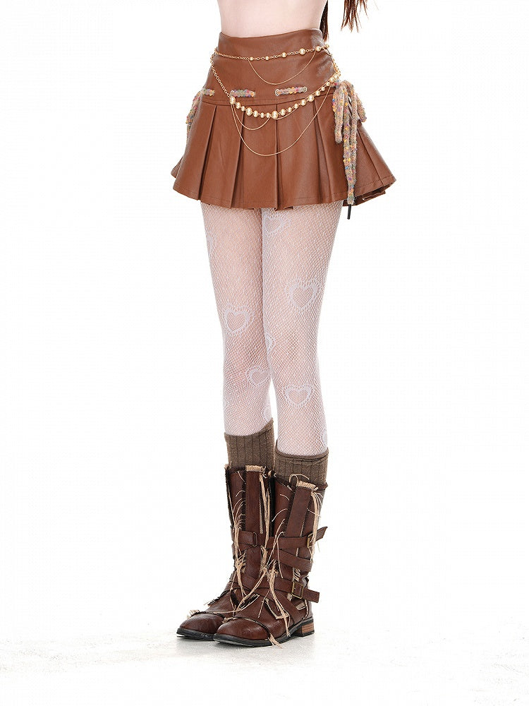 Mini Skirt Waist Box Pleat PU Brown High