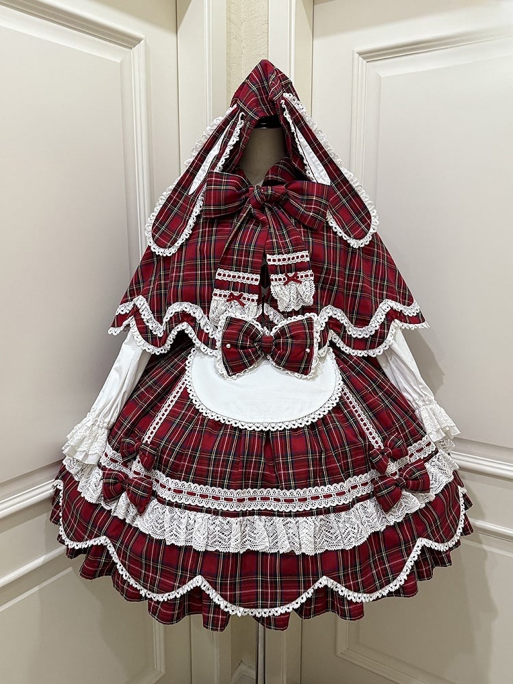 and Plaid Bunny Ears Red Cape Hooded with Petal-like Trim