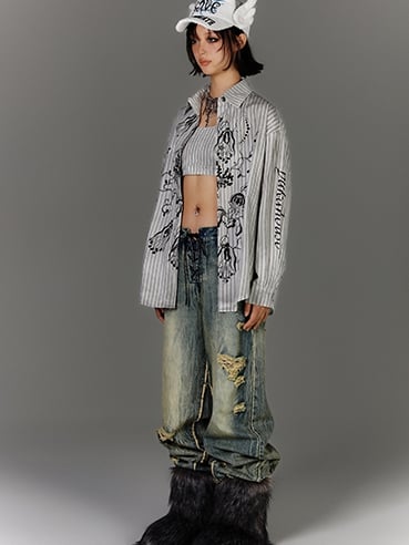 Silhouette Oversized-Shirt mit schwarz-weißen Streifen und Graffiti-Print