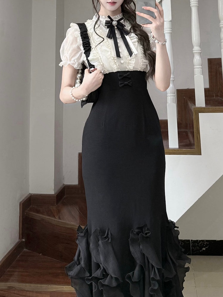 Two Fake Dress Skirt Design Waist Pieces Mermaid Boned and Black Lolita Blouse Beige Elegant