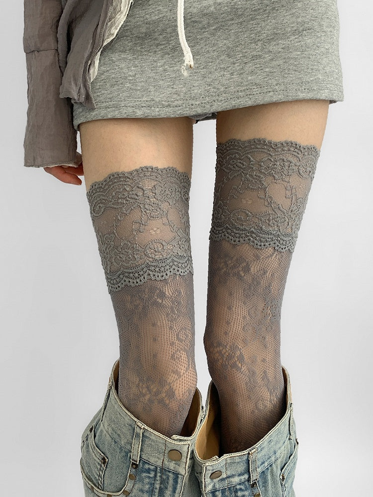 Lace Stockings Gray/White/Brown/Blue/Black Trim Over-knee Hollow-out Design