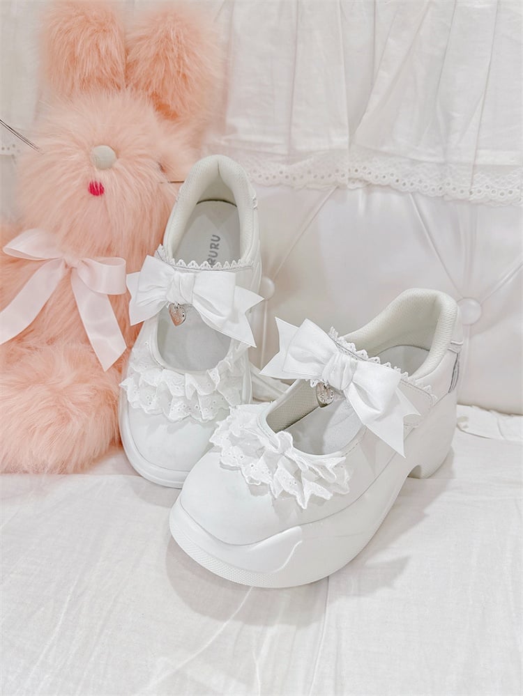 White Jirai Kei Velcro Platforms Lace Trim Bowknot Closures Strap