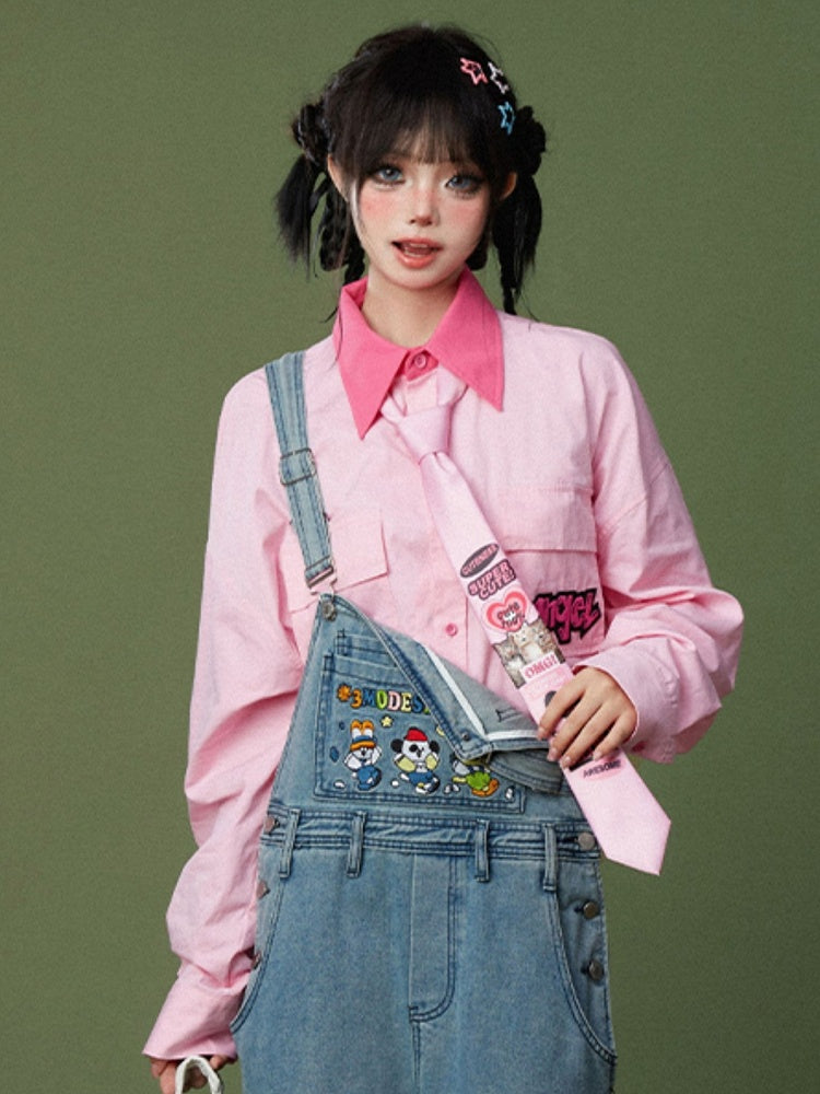 Collar Shirt with Letter Embroidered Patches Contrast Pink