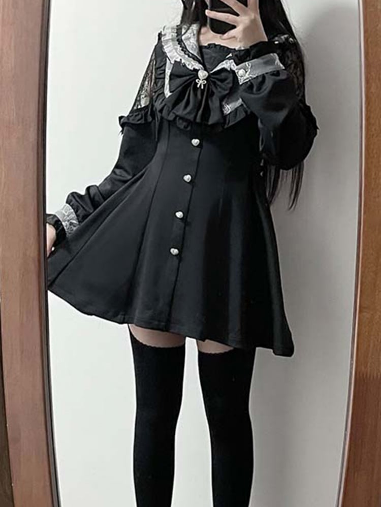 ブラックホワイト ジライケイ セットセーラーカラー スイートハートボタン留めトップス