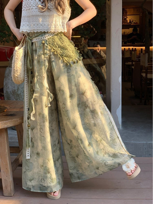 Dye Wide-Leg Pants Mori Kei Green Tie Accessory Regular/Short Detachable Version with Knitted