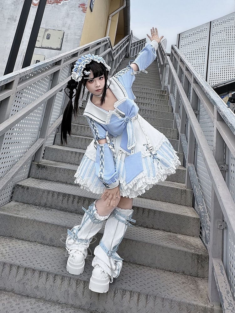 Kitty Light Bow Kaiwai Set Blue JSK Dress Cropped Tenshi Lolita Sailor Striped Big Top Pattern Ears + - Collar