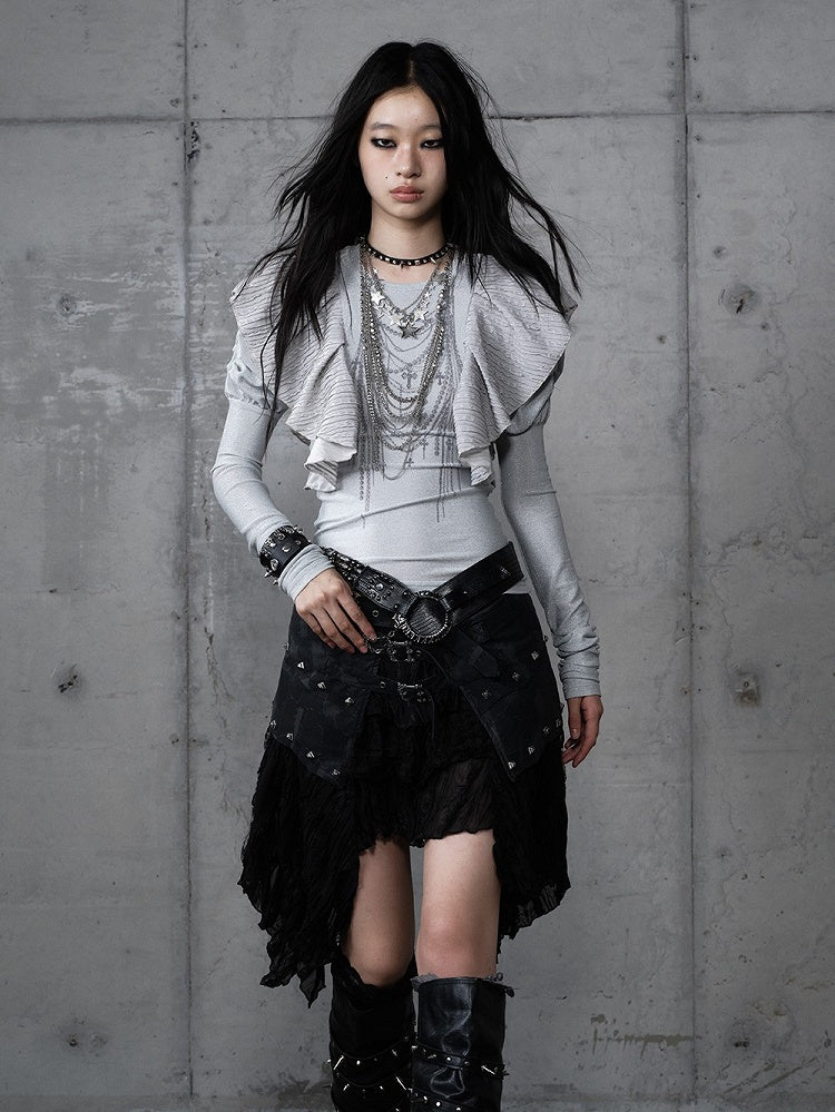 Chain Juliette Sleeves Flutter Blue Overlays Print Dusty with Top