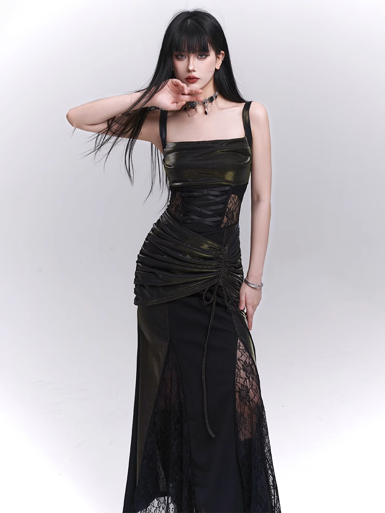 Waist Drawstring Black Lace Hip Sleeveless Dress Patches