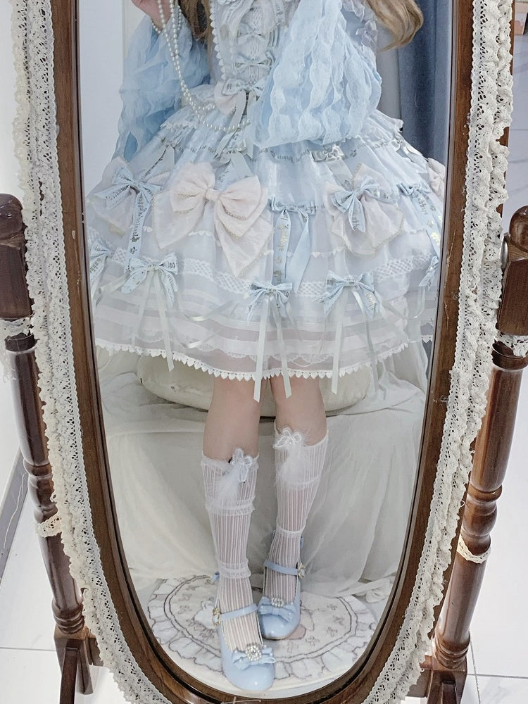 Runde Mary-Toe-Schuhe mit verziertem Lolita-Strass und Details, Schleife und Perlen in Blau