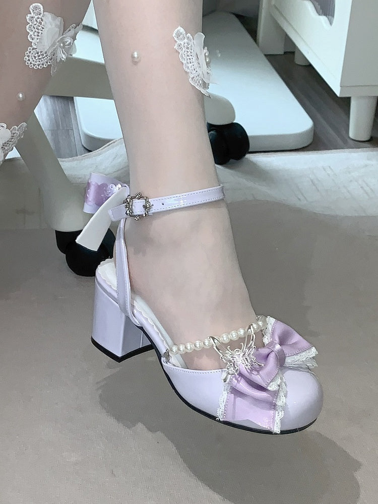 Mary Lolita Heels 6CM Accent Janes und Schleife Kettenblock Lila Perle Süß Abnehmbar