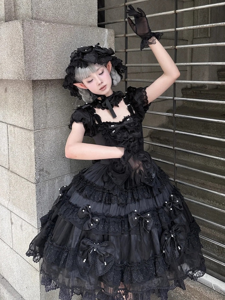 All Details at with Bow Lolita Back Dress Bead Big and Accents Princess Black