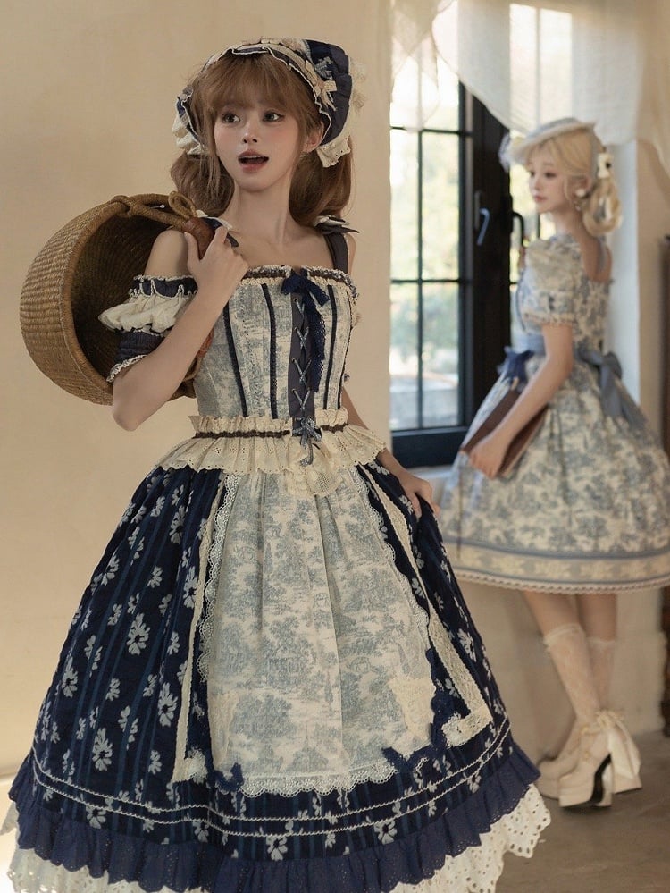 Blue Open Shoulders Cabins Corset Top + Dark Blue Floral Print Lolita Skirt