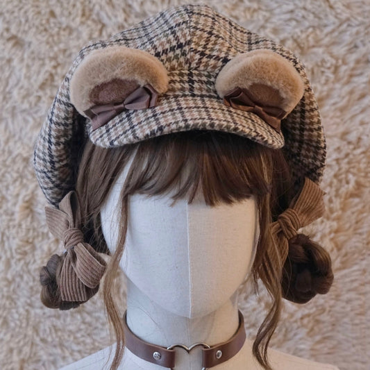 Bear Beret Hat Brown Ear Houndstooth Pattern