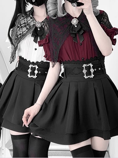 Details Blouse +Tiered Skirt White Pleating Collar Flat Set-Pointed Jirai Kei