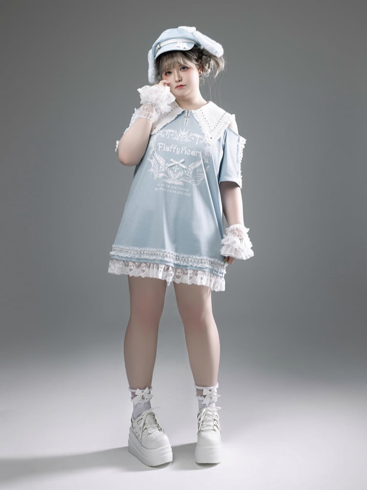 Blue Pointed Flat Collar Cutout Shoulder Lace Trim Jirai Kei Dress Light