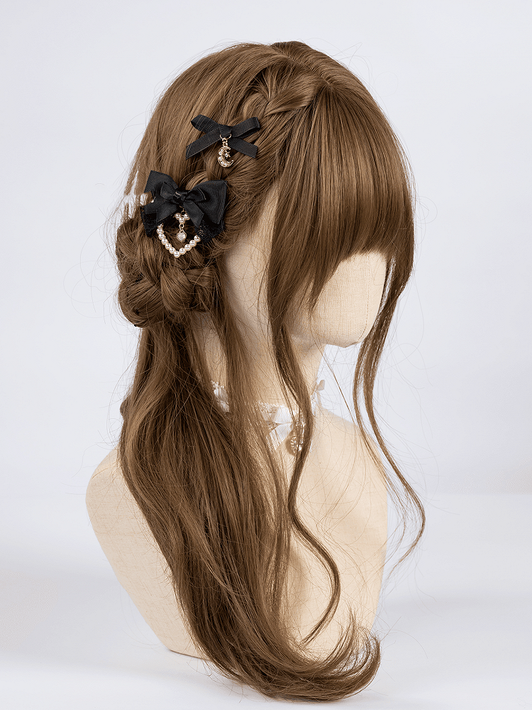 Beaded Bowknot Hairclips with Moon/Heart Jirai Kei Black Charm