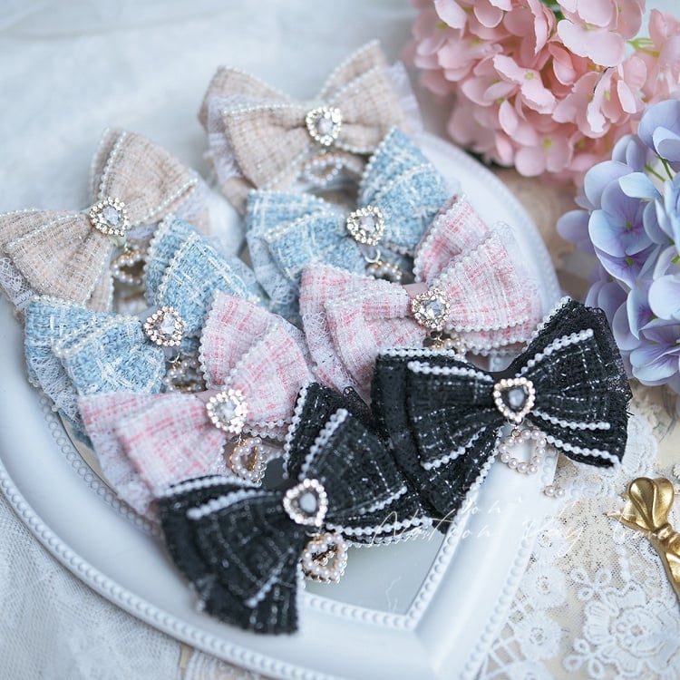Black/Blue/Pink/Apricot Heart Rhinestone Jirai Kei Bow Hairclips