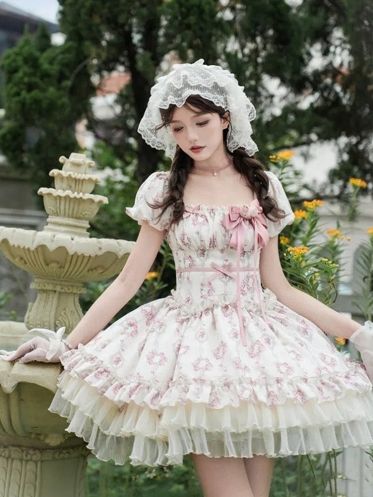 Full Version Rosette Short Classic Square Set Lolita Elastic Neckline OP Print