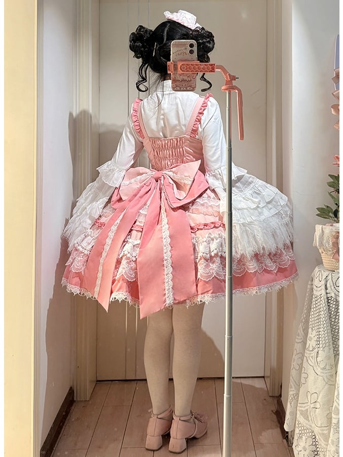 Pink Tiered Lolita Dress Sweet Bows Skirt and Details Bead Detachable