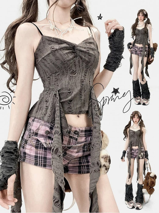 Gloves Gray Bittersweet Accents Top Ruffle Cascading + Distressed Details Cami