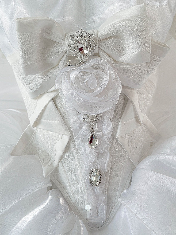 Rhinestones Balletcore Puffy Skirt White with Decorated Set Boned Corset Waist Strapless Top