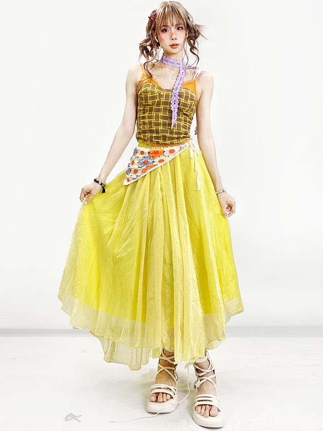 Scarf Cami Top Purple Plaid Y2K Yellow With