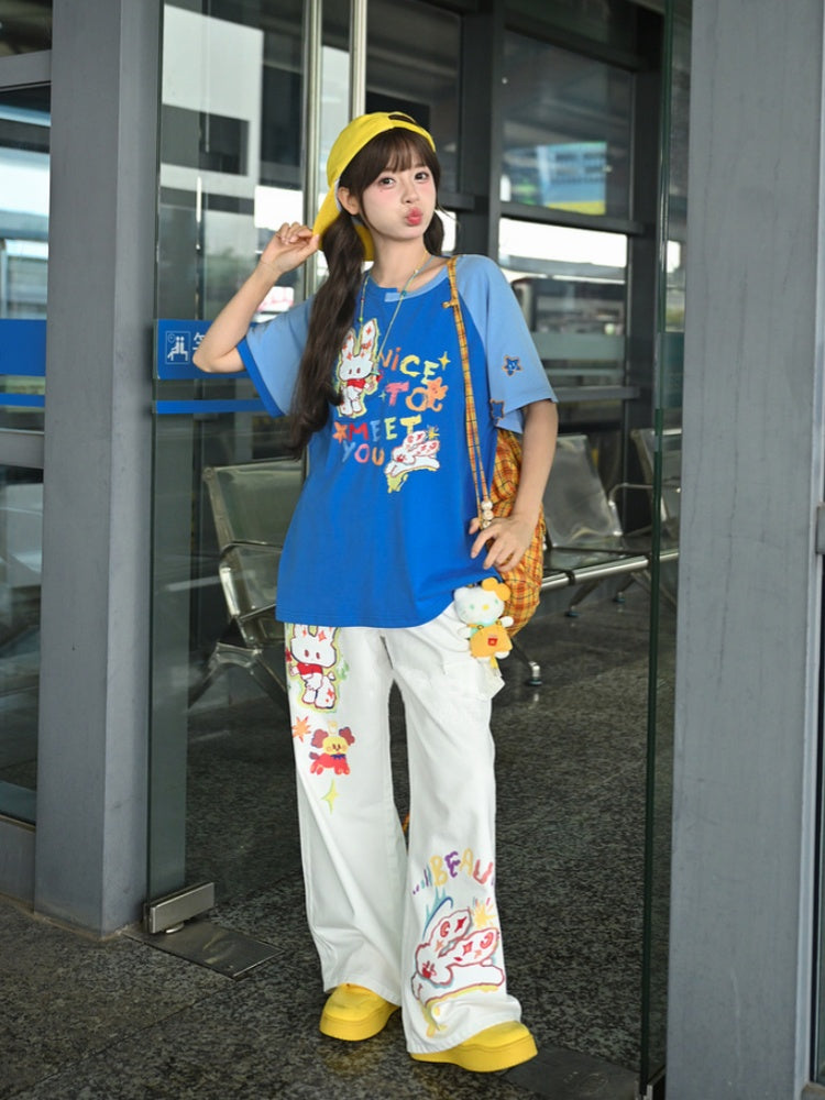 White Low Cartoon Bunny Print Waist Wide-leg Jeans