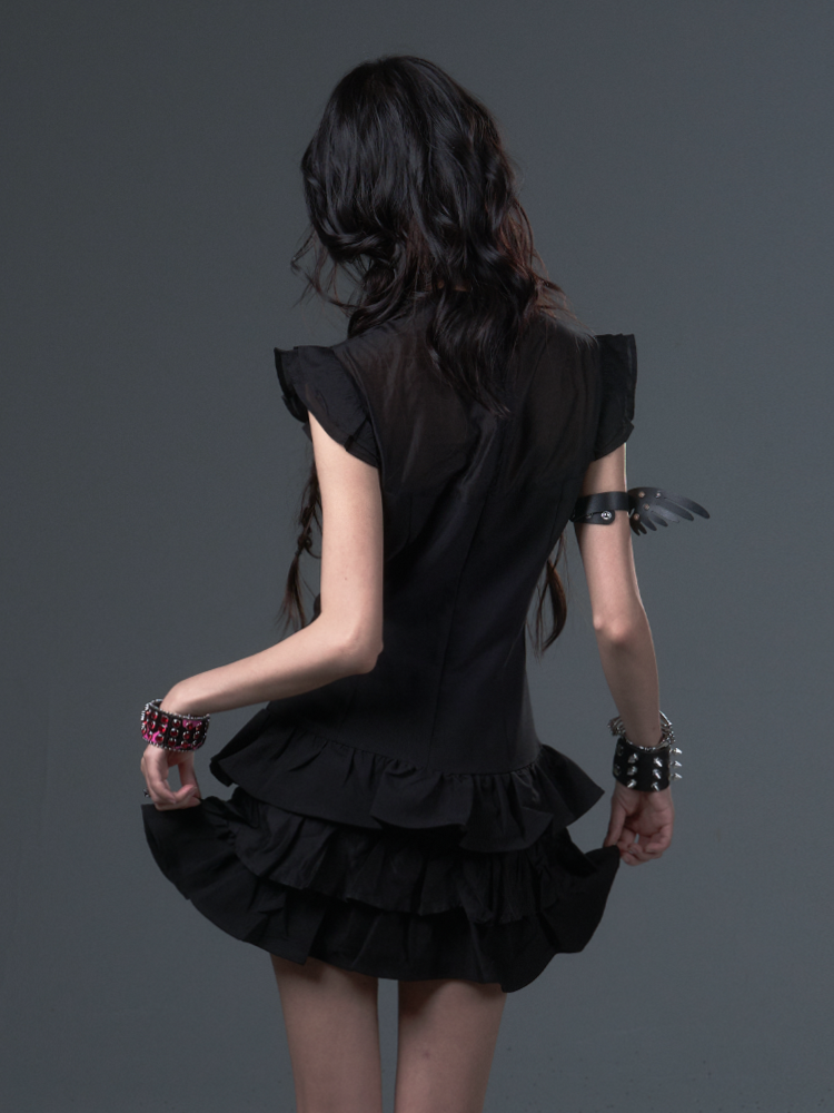 Black Gothic Punk A-Line Puff Dress with Lace Metal Studs