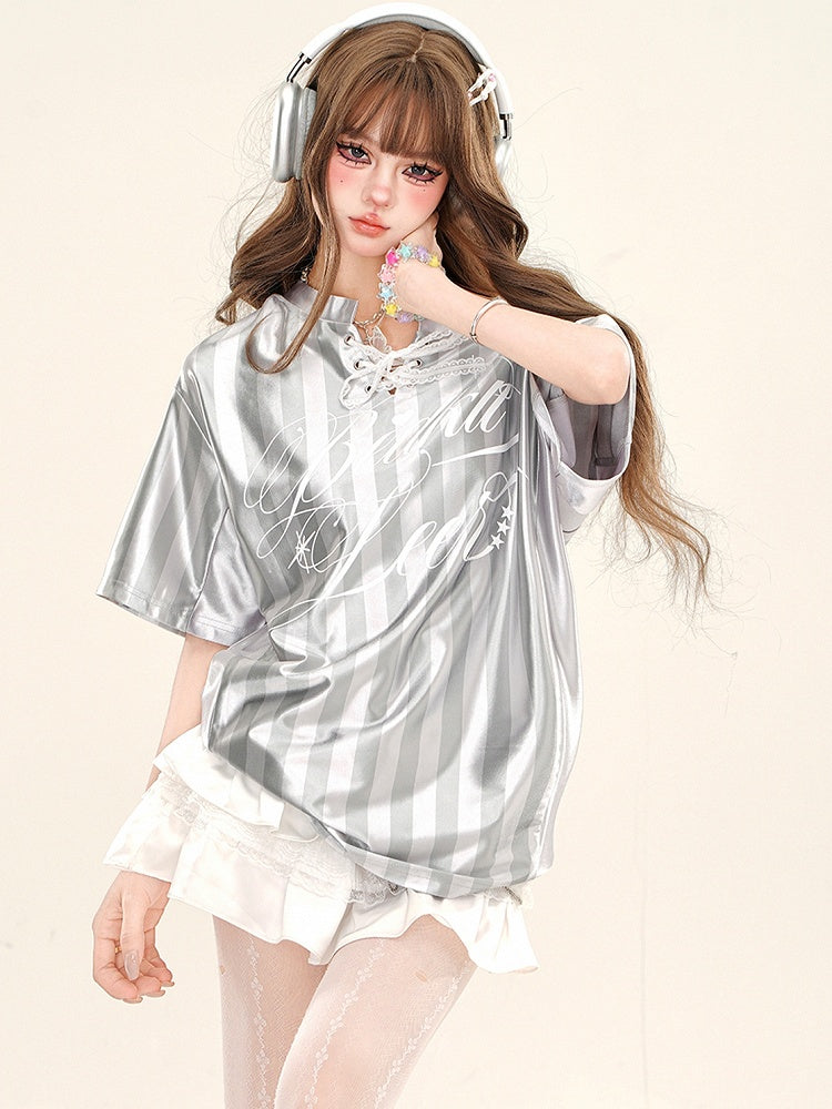 Grey/Blue Lace-up Detail Asymmetrical Neckline Striped Sporty Top