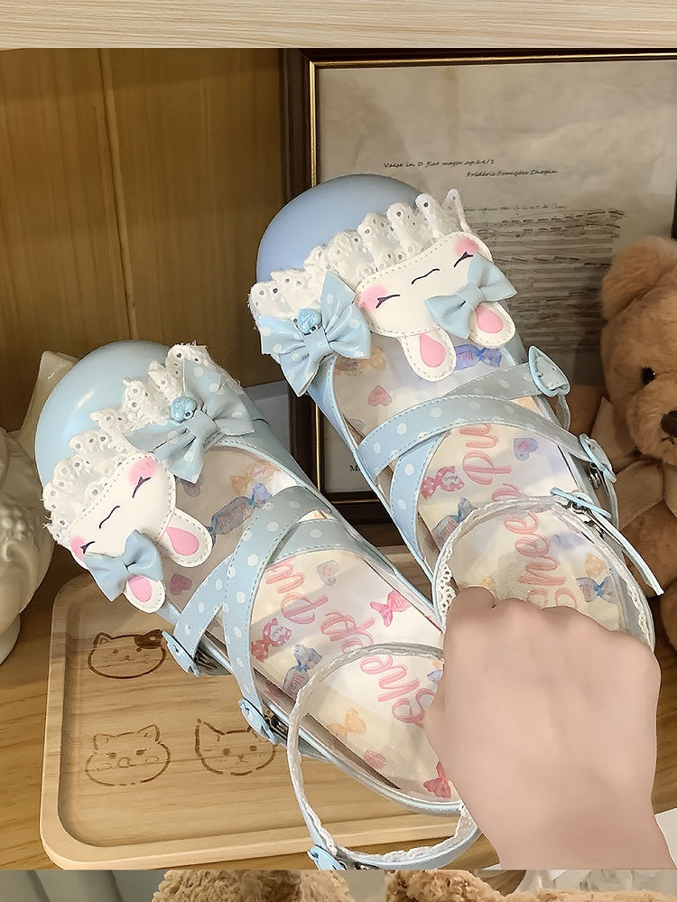 Süßes Design Crisscross Polka-dot Schuhe Lolita Bunny Spitze Applique Trim Muster Details Bowknot Blau