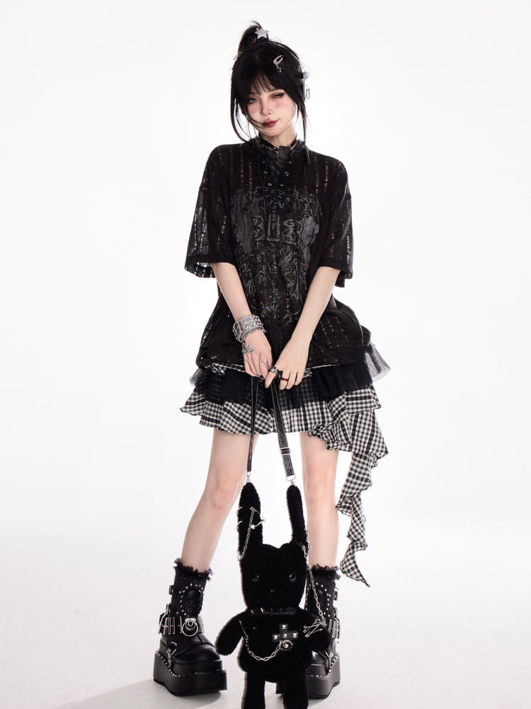 Y2K Holes Black/White Lace-up Mock Neck Distressed