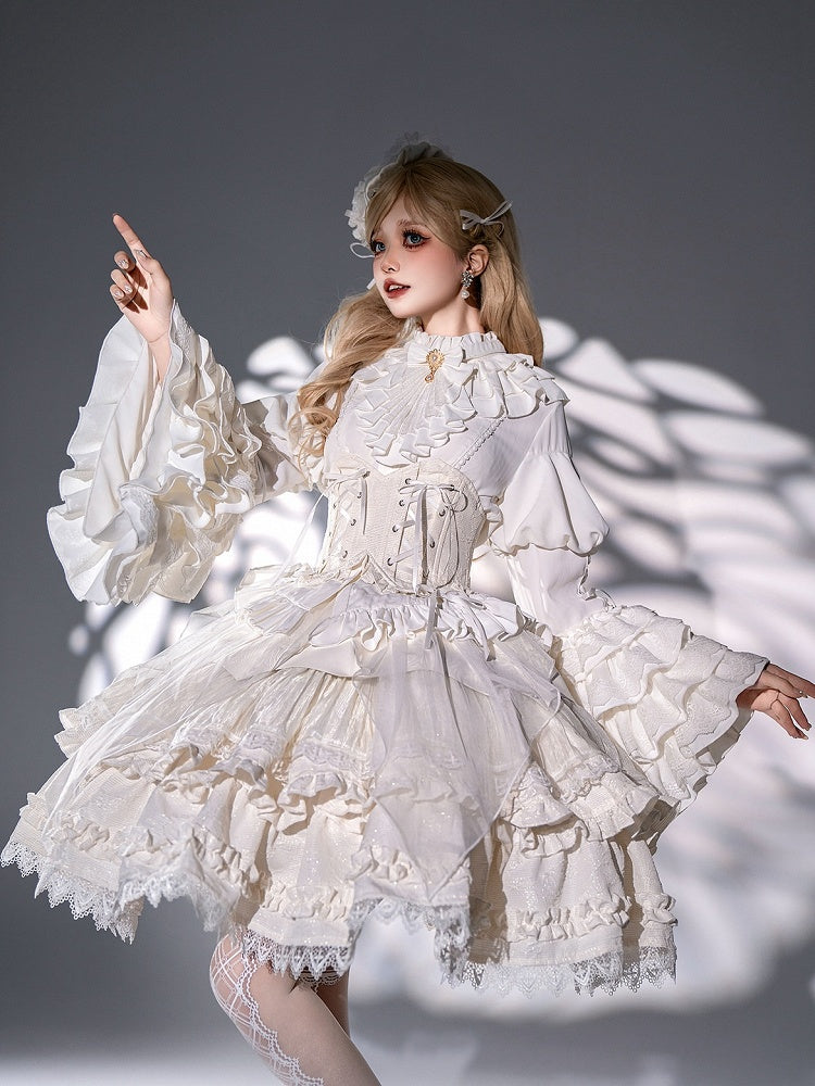 Bell Shiro with Lolita Jabot White Shirt Tie Gothic Sleeves Layered