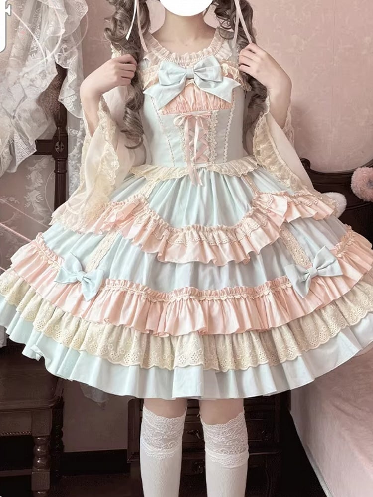 and Candy JSK Lace-up Front Scalloped Edge Sweet Lolita Dress Blue Color Pink