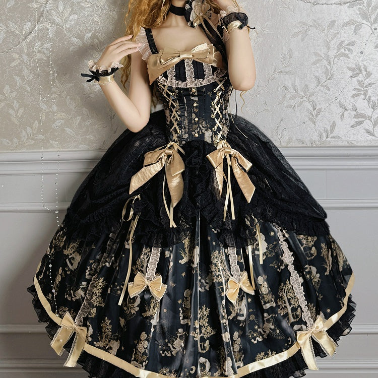 Waist Overlay Lolita and Drawstring Jumper Skirt Corset Black Gold