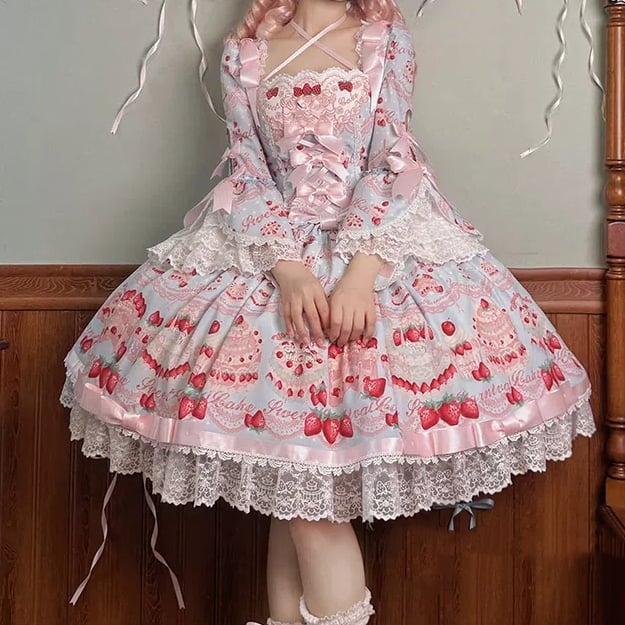 Blue Lolita Dress Bell Cake Piece Long Strawberry Sleeves One Sweet Print