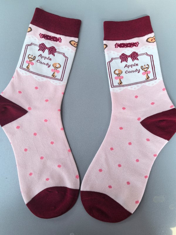 Lolita Calf Pink Bowknot Lace Pattern Details Cuffs Pearls Polka-dot Ruffled With Socks
