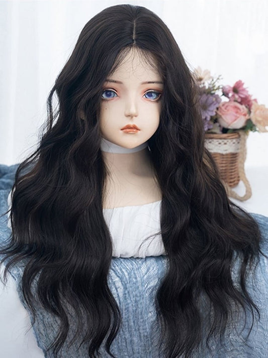 Black Tea Long Wavy Synthetic Wig With Bangs