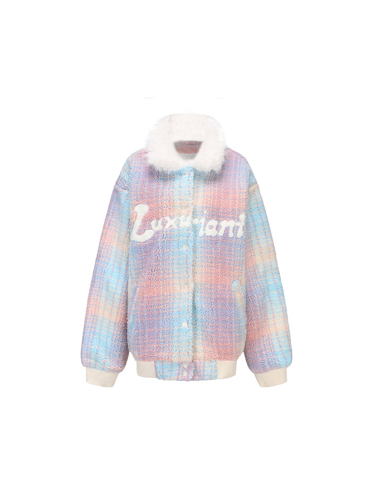 Details with Winter Colorful Coat Collar Faux Plush White Fur Text