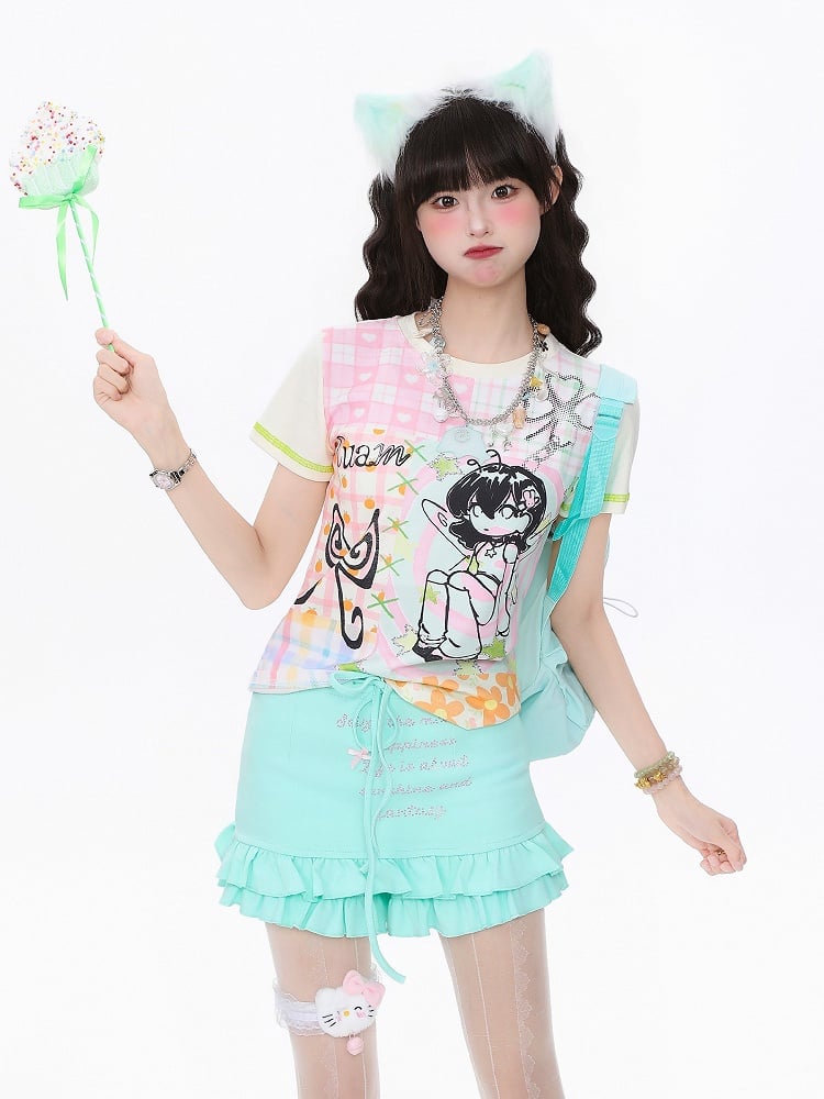 Slim-Fit T-shirt with Pink Cartoon Girl Print Blue/Apricot Plaid Patchwork
