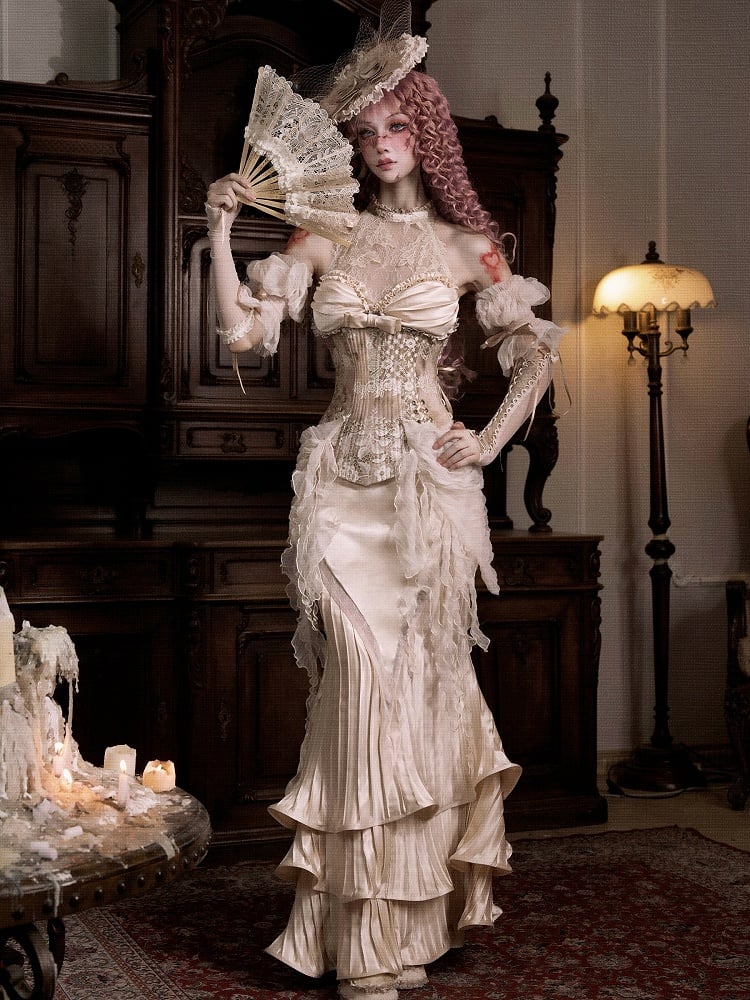 Neck Rococo Top Accents Cascading Detachable Illusion Ruffle Halter Corset with Lace