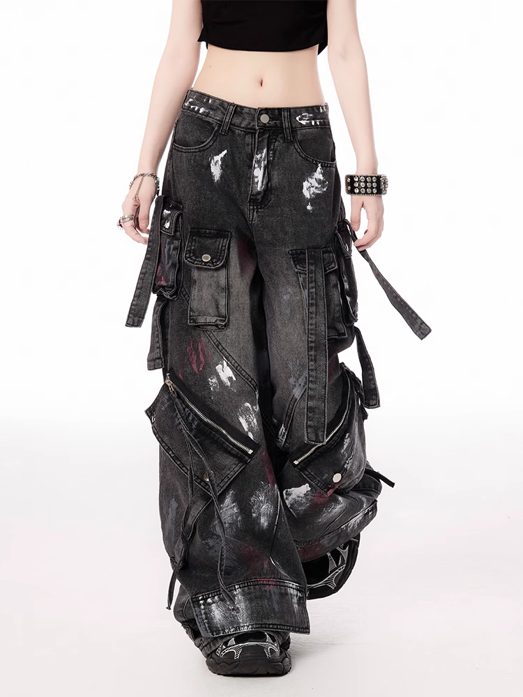 Details Jeans Zipper Spray Paint Print Waist Wide-leg Cargo Black Low
