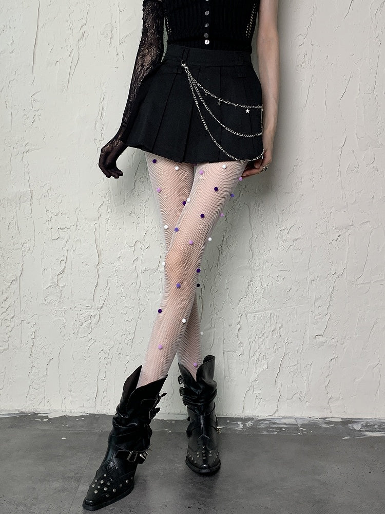 With Purple Pompons Fishnet Tights Design White Pink Y2K Hollow-out