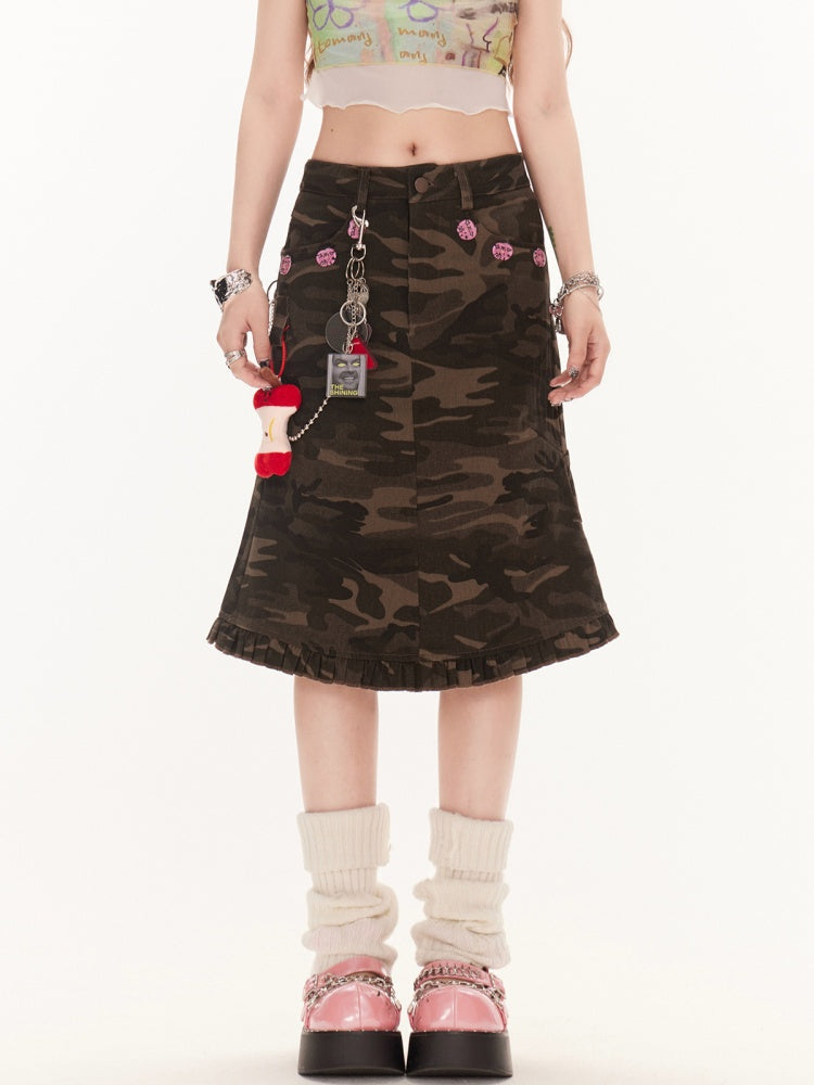 Waist Vintage Ruffle Hem Denim Mermaid Skirt Camo Low