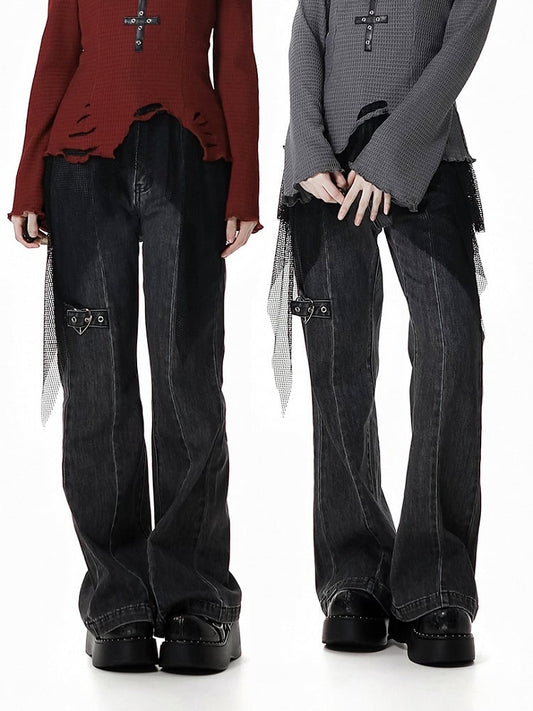 Detail Faded Wash Distressed Gray Flared Jeans Heart Buckle